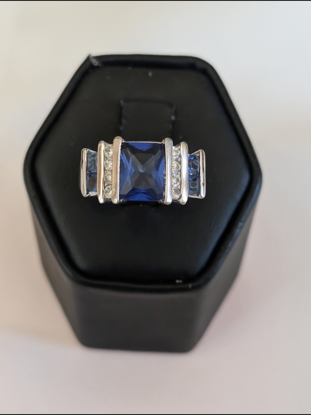 Blue Square-Cut Crystal Ring with Accent Stones